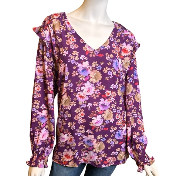 PIONEER WOMAN XL Floral Blouse Purple Ruffle Detail Long Sleeves - Picture 2 of 12